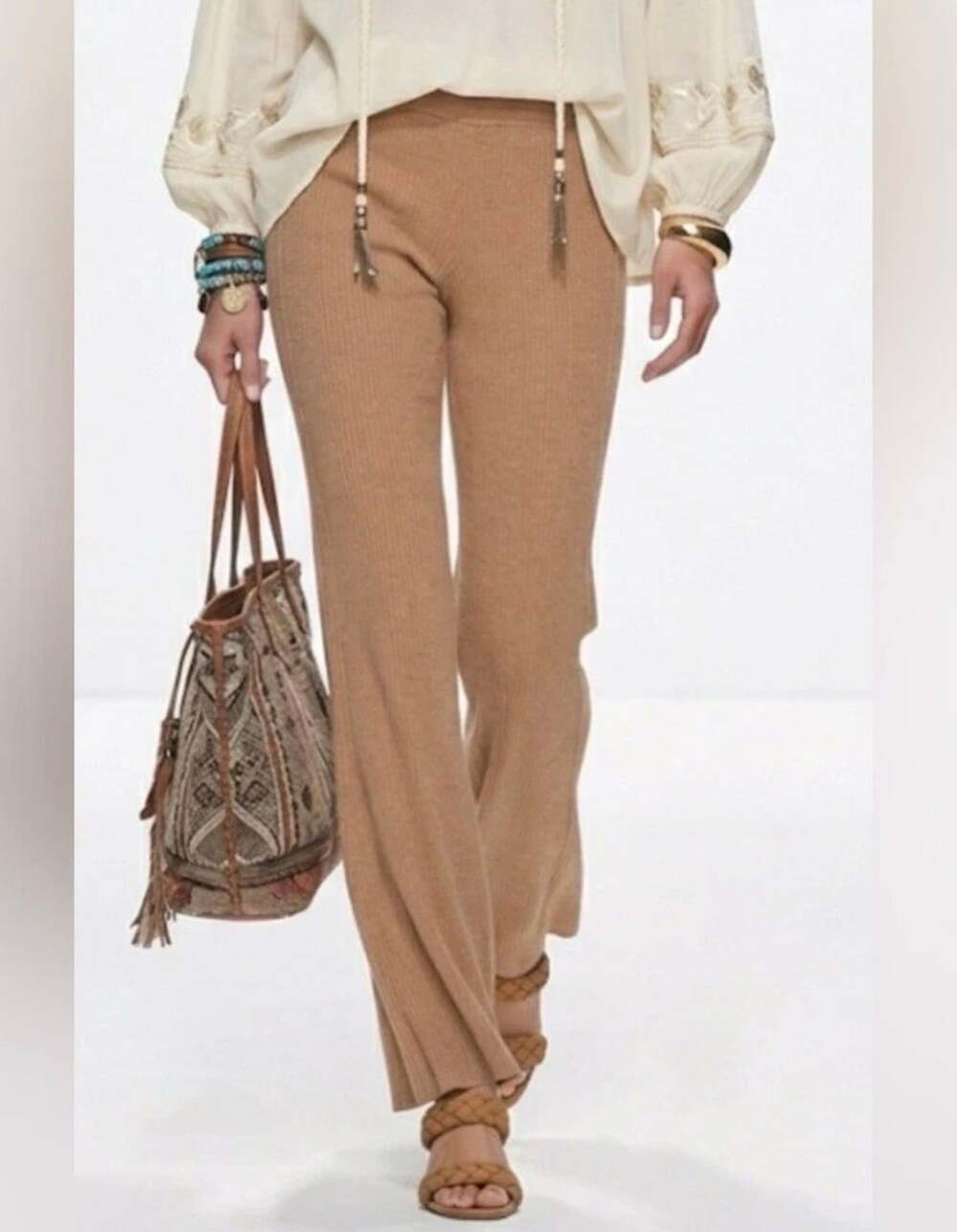 FRAME Knit Pants Size Medium Camel Brown Ribbed Wide Leg